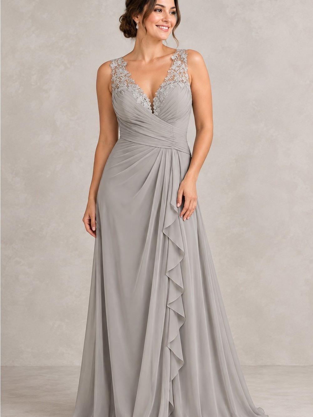 JJ’s House Silver Lace Chiffon Formal Evening Maxi Dress Gown Size 12 NWT